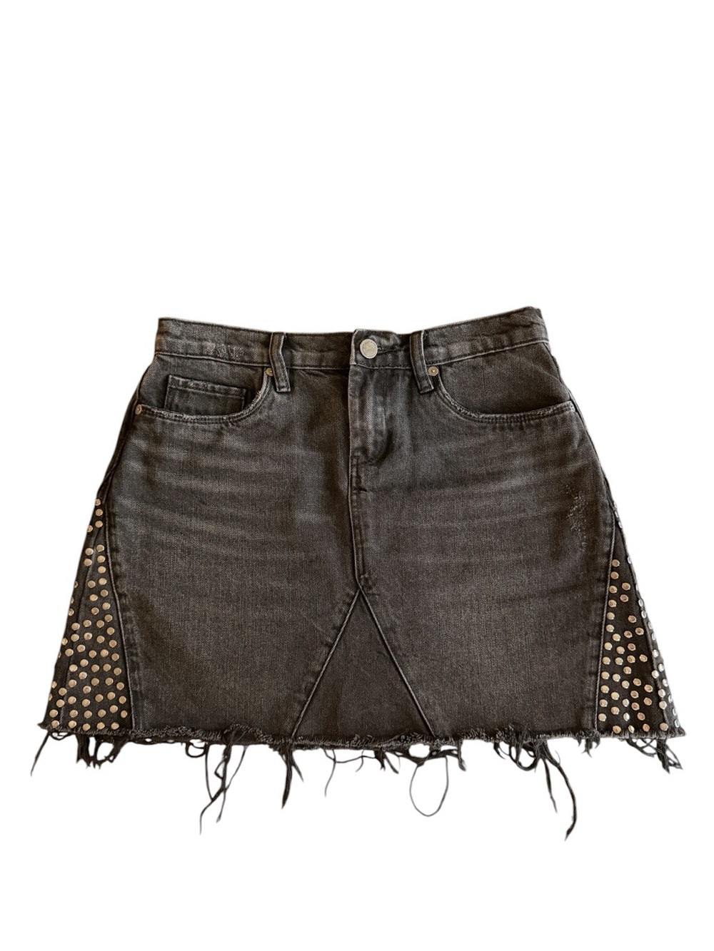 Blank NYC Embellished Black Distressed Denim Mini Skirt with Studded Side Panels